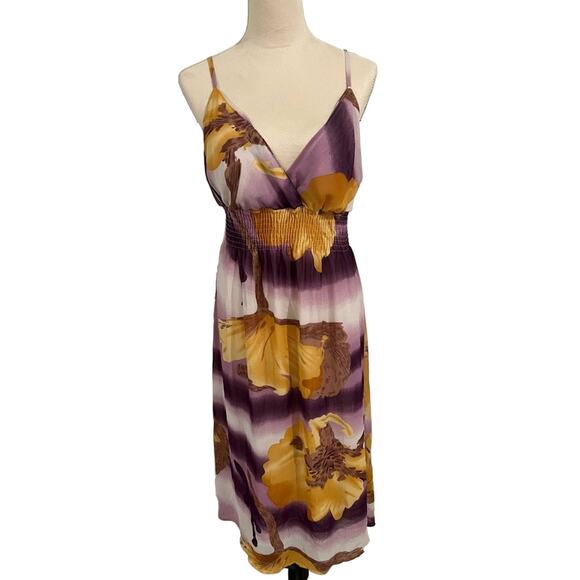 SHE’S COOL Women’s Floral Purple and Yellow Midi Lined Dress Size 1X - Picture 2 of 9